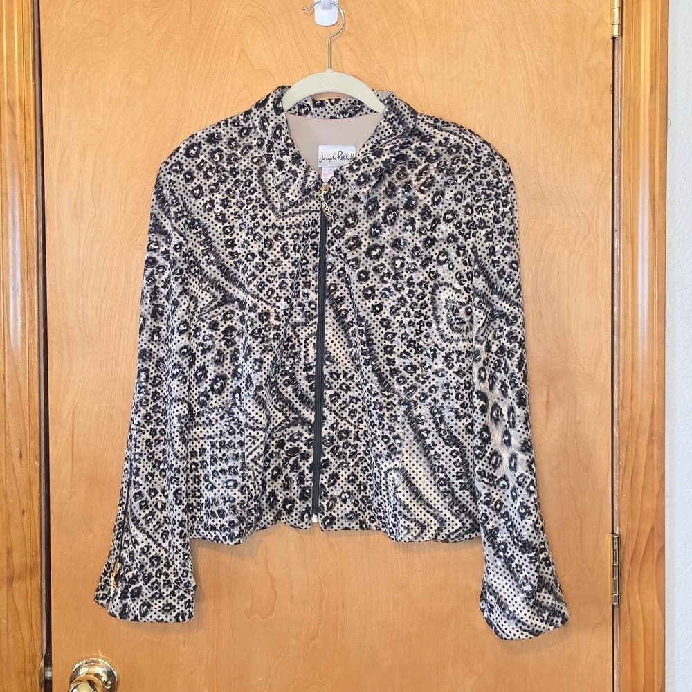 Joseph Ribkoff Sequin Leopard Print Zip Jacket Gray Black Gold Size 16 32780